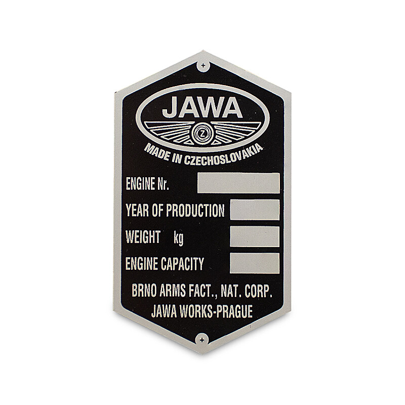 Jawa 250/350 Pérák Zbrojovka Frame Label - English