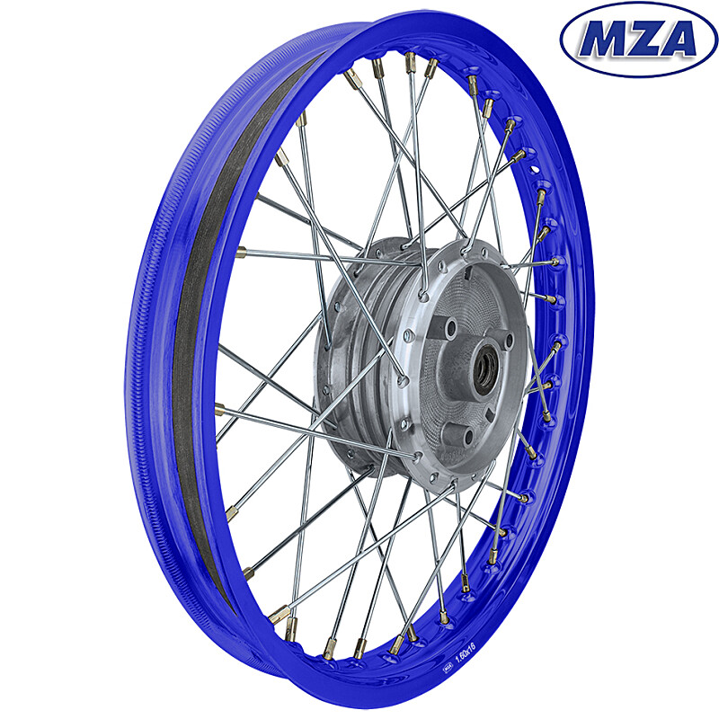Complete wheel Simson S51 - blue anodized rim 1.6x16 (chrome spoke) - MZA